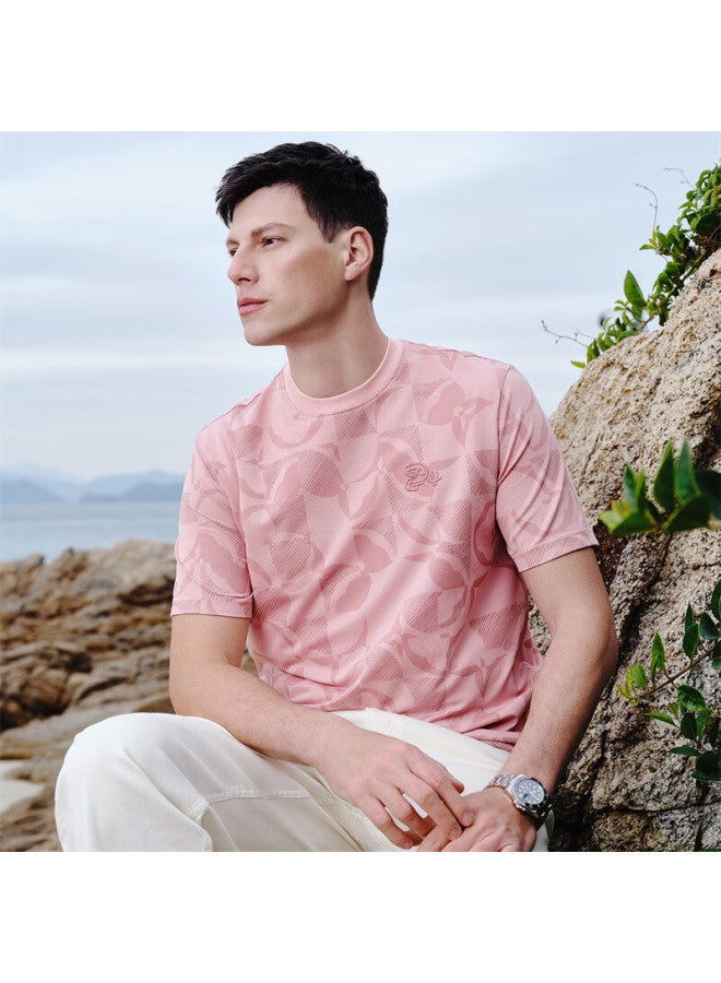 Dancing Wolves Modal Summer Short Sleeve T-shirt With Jacquard Pattern For Men, Cool And Breathable, Pink 406, Size 180 - Image 2