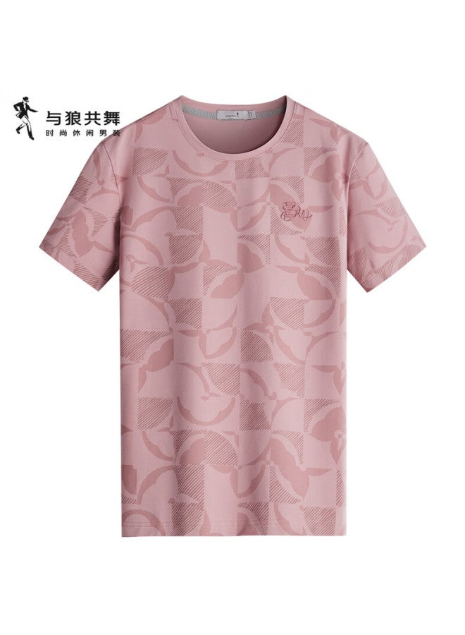 Dancing Wolves Modal Summer Short Sleeve T-shirt With Jacquard Pattern For Men, Cool And Breathable, Pink 406, Size 180 - Image 5