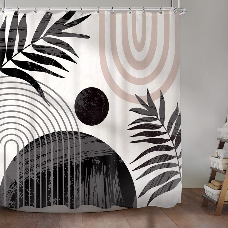 KOMLLEX KOMLLEX Abstract Boho Mid Century Shower Curtain Modern Minimalist Tropical Plant Leaves Geometric Pink Rainbow Arch Neutral Waterproof Polyester 12 Pack Hooks Black 72Wx72H Inches Bathroom Decor - Image 1