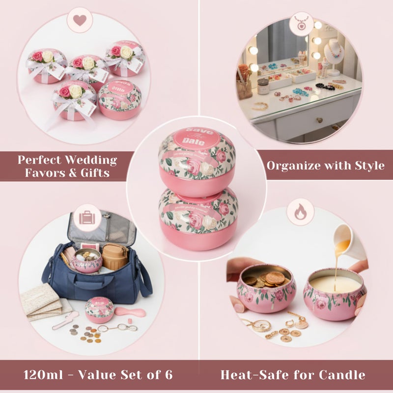 Set of 6 Floral Candle Tins with Lids – Decorative Pink Rose Tinplate Storage Jars for Candles, Accessories, Coins, Beads – Reusable, Anti-Rust, 120ml Capacity - Image 3