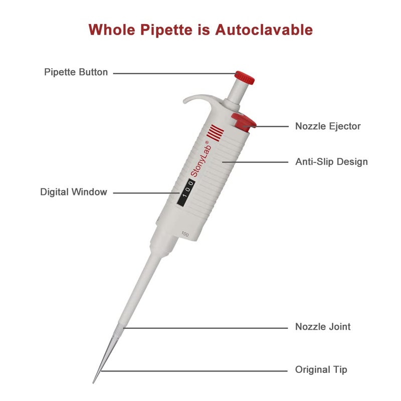 stonylab Single Channel Pipettor Controller, Adjustable Variable Volume Micropipette Pipette Pipet with Autoclavable Tip Cone for Laboratory Research, 10-100 µL - Image 4