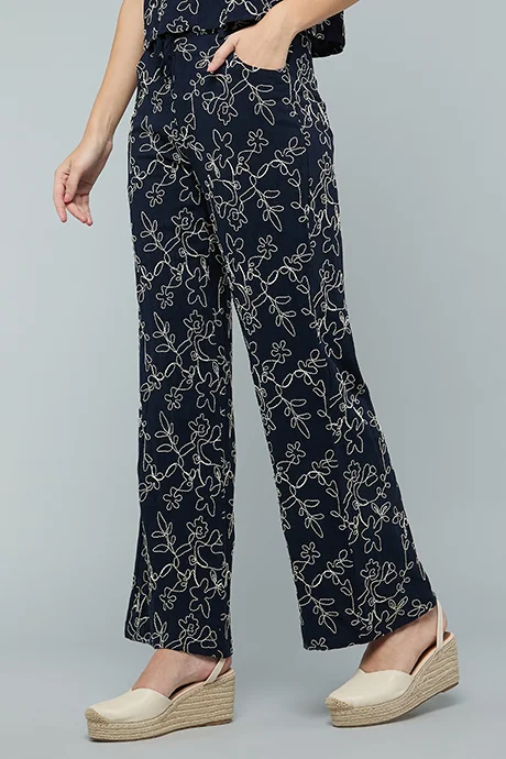 أر أند بي Embroidered Wide Leg Pants with Drawstring Waist