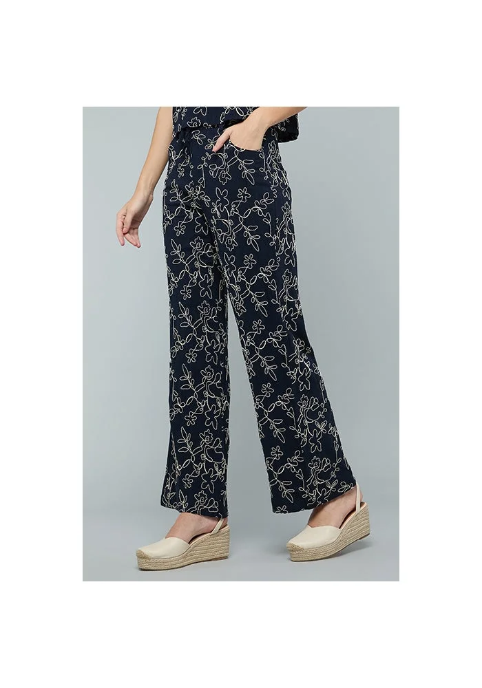R&b Embroidered Wide Leg Pants with Drawstring Waist