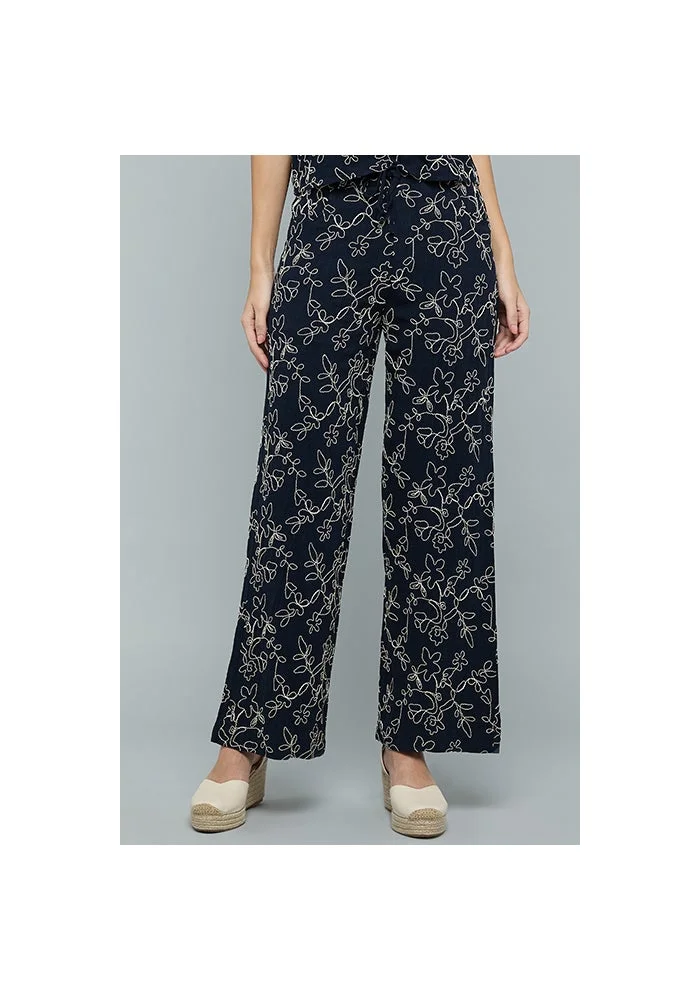 R&b Embroidered Wide Leg Pants with Drawstring Waist