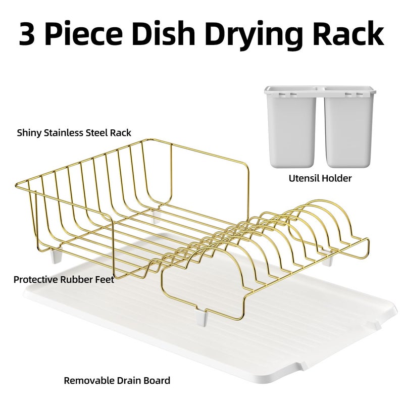 Buruis Dish Drying Rack for Kitchen Countertop, Large Capacity Gold Stainless Steel Dish Drainer with Anti-Slip Rubber Feet, Removable Drain Board and Utensil Holder (White Tray) - Image 3
