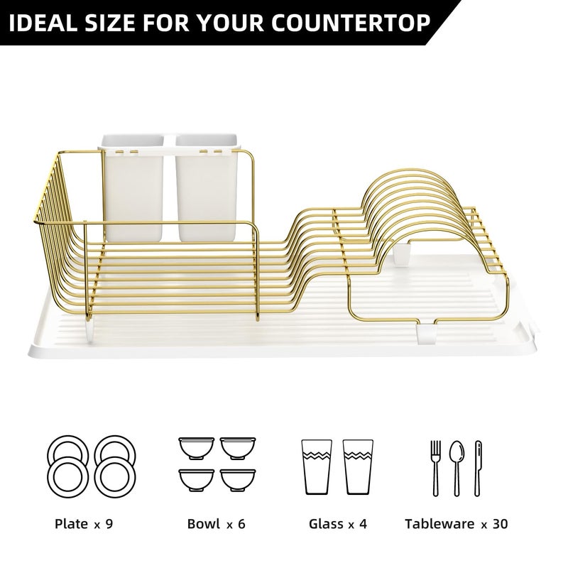 Buruis Dish Drying Rack for Kitchen Countertop, Large Capacity Gold Stainless Steel Dish Drainer with Anti-Slip Rubber Feet, Removable Drain Board and Utensil Holder (White Tray) - Image 4