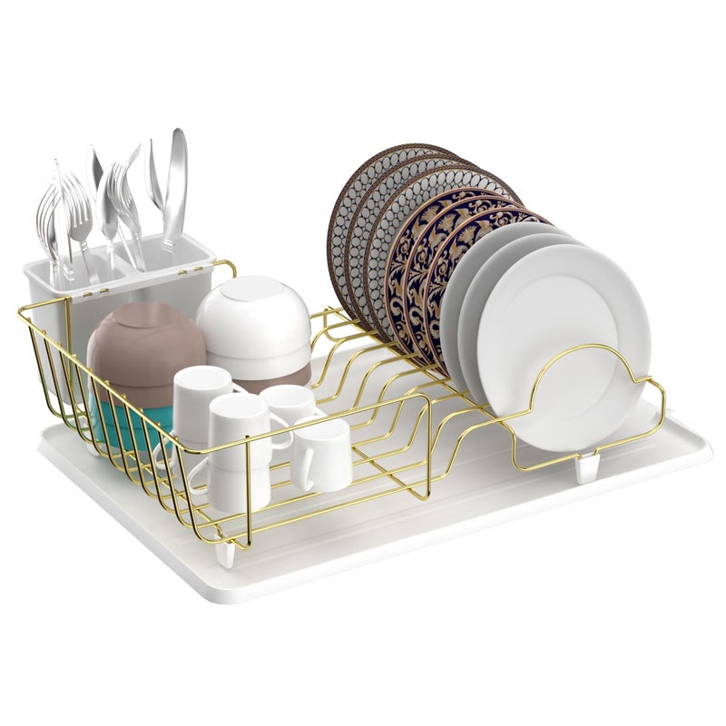 Buruis Dish Drying Rack for Kitchen Countertop, Large Capacity Gold Stainless Steel Dish Drainer with Anti-Slip Rubber Feet, Removable Drain Board and Utensil Holder (White Tray) - Image 1