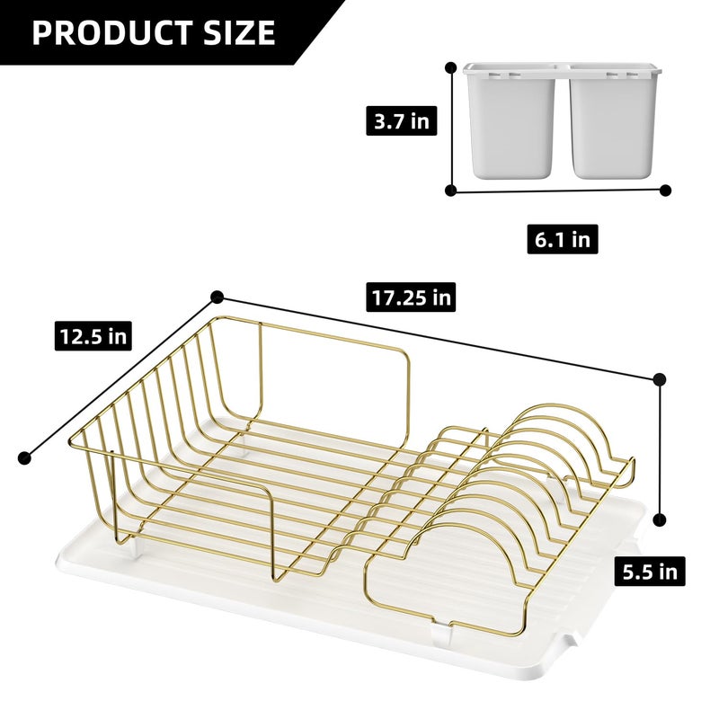 Buruis Dish Drying Rack for Kitchen Countertop, Large Capacity Gold Stainless Steel Dish Drainer with Anti-Slip Rubber Feet, Removable Drain Board and Utensil Holder (White Tray) - Image 2