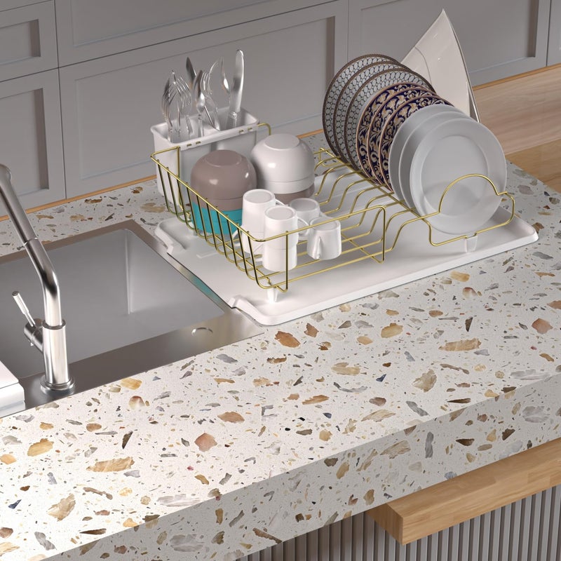 Buruis Dish Drying Rack for Kitchen Countertop, Large Capacity Gold Stainless Steel Dish Drainer with Anti-Slip Rubber Feet, Removable Drain Board and Utensil Holder (White Tray) - Image 5
