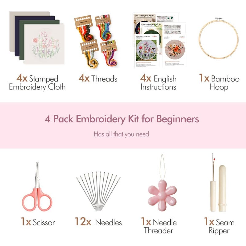 wtisan 4 Pack Embroidery kit for Beginners Adults DIY Starter Kit, Cross Stitch Kits with Flower Stamped Patterns, Embroidery Hoop, Tools,Colorful Threads,Step by Step Instructions,Hand Craft Lover Gift - Image 4