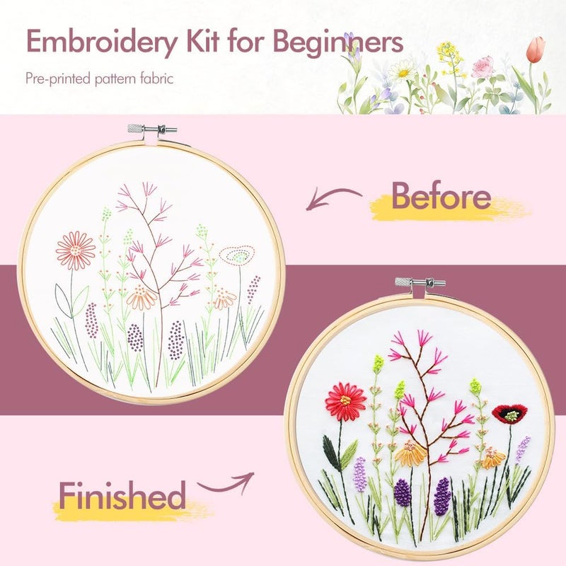 wtisan 4 Pack Embroidery kit for Beginners Adults DIY Starter Kit, Cross Stitch Kits with Flower Stamped Patterns, Embroidery Hoop, Tools,Colorful Threads,Step by Step Instructions,Hand Craft Lover Gift - Image 3