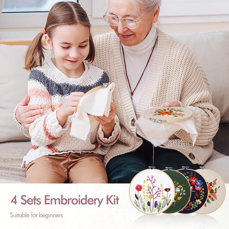 wtisan 4 Pack Embroidery kit for Beginners Adults DIY Starter Kit, Cross Stitch Kits with Flower Stamped Patterns, Embroidery Hoop, Tools,Colorful Threads,Step by Step Instructions,Hand Craft Lover Gift - Image 5