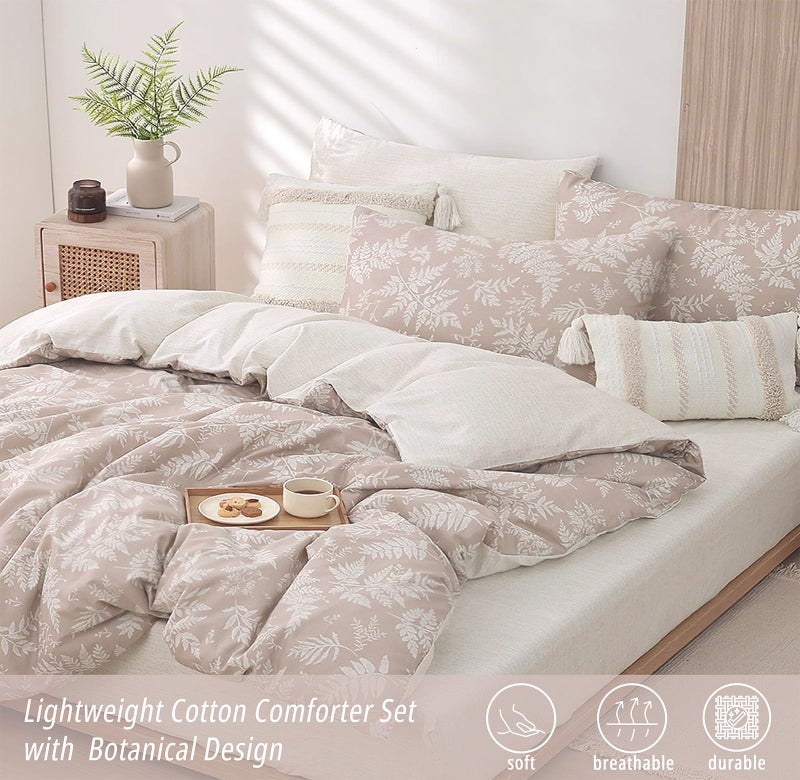 ALEISSEL Natural Cotton 3pcs Botanical Comforter Sets King Size-Dusty Pink Comforter with Luxurious White Leaves & Branches, Reversible Lightweight Beige Bedding Sets(King 104"Ã—90") - Image 2