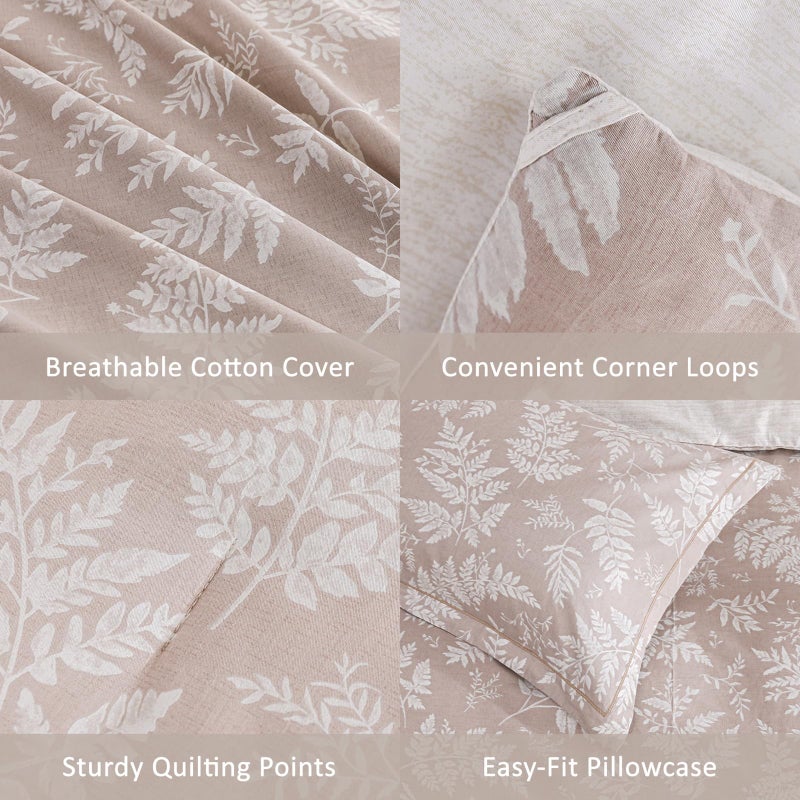 ALEISSEL Natural Cotton 3pcs Botanical Comforter Sets King Size-Dusty Pink Comforter with Luxurious White Leaves & Branches, Reversible Lightweight Beige Bedding Sets(King 104"Ã—90") - Image 4
