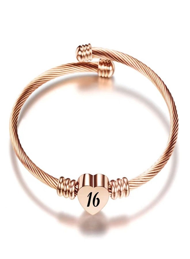 KunBead 16th Birthday Love Heart Rose Gold Tone Expandable Bracelets for Women Lucky Number Age Bangle Cuff Stainless Steel Bracelet - Image 1