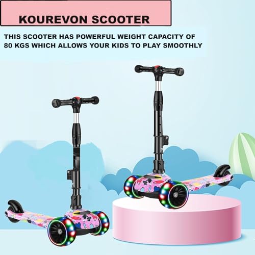 KOUREVON Kick Scooter Fot Kids Aged 3-20, 4 Level Heght Adjustment, PU Lightup Wheels, Powerful Weight Capacity Of 80 Kgs, Foldable For Outdoor Activities For Toddlers Kids., Pink - Image 2