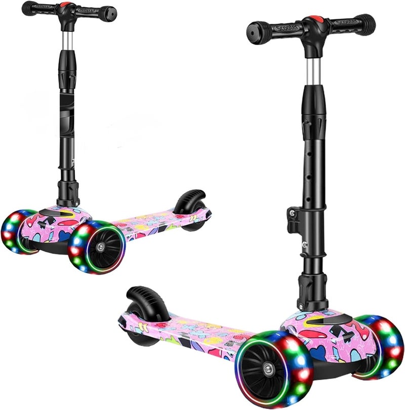 KOUREVON Kick Scooter Fot Kids Aged 3-20, 4 Level Heght Adjustment, PU Lightup Wheels, Powerful Weight Capacity Of 80 Kgs, Foldable For Outdoor Activities For Toddlers Kids., Pink - Image 1
