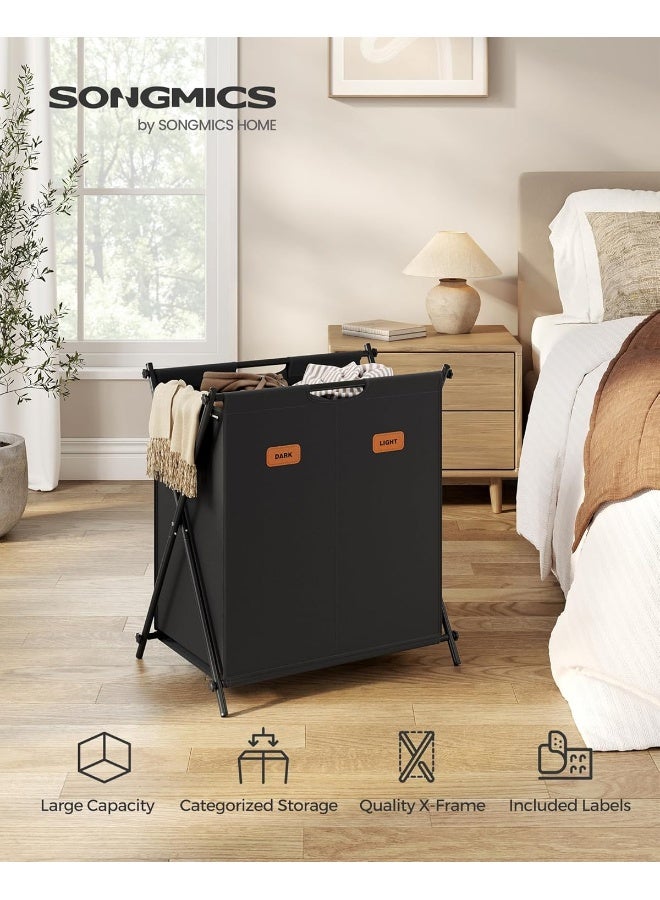 SONGMICS سلة غسيل SONGMICS، سلة غسيل، 135 لتر، فرز غسيل 3 أقسام، إطار قابل للطي، منظم ملابس مع ملصقات قابلة للتخصيص، غرفة الغسيل، غرفة النوم، الحمام، أسود حبر - Image 2