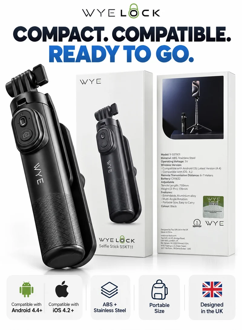 واي عصا سيلفي ترايبود WYE LOCK Y-SSTK11 مع جهاز تحكم عن بعد لاسلكي، عمود قابل للتمديد 750 ملم، أسود
