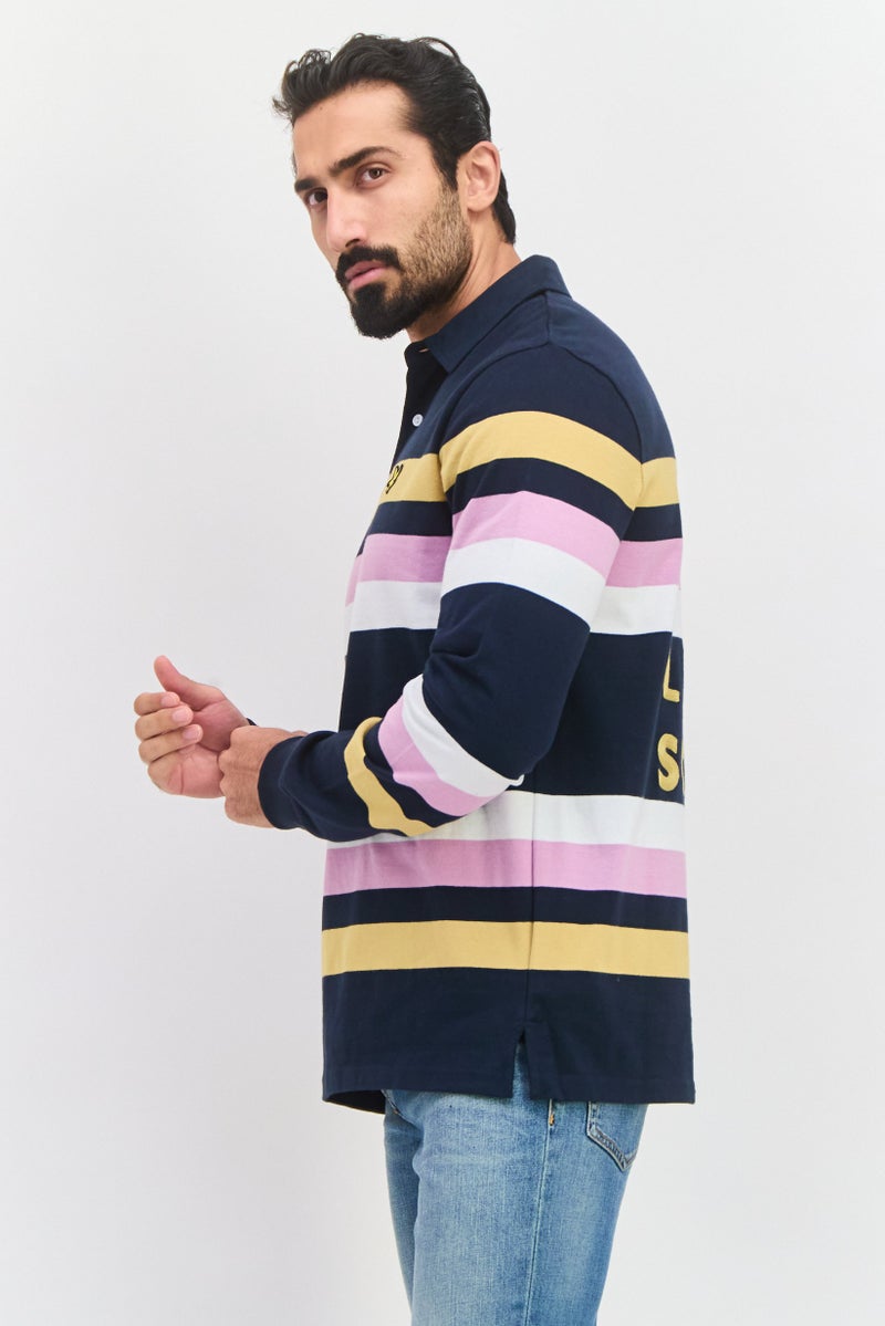 Lyle & Scott قميص بولو بأكمام طويلة عادية للرجال، تصميم مخطط، لون كحلي داكن - Image 4