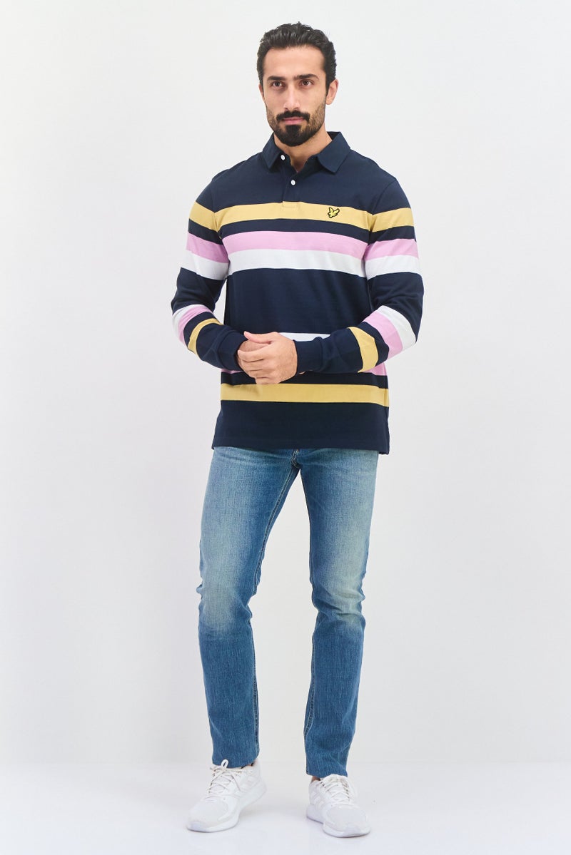 Lyle & Scott قميص بولو بأكمام طويلة عادية للرجال، تصميم مخطط، لون كحلي داكن - Image 2