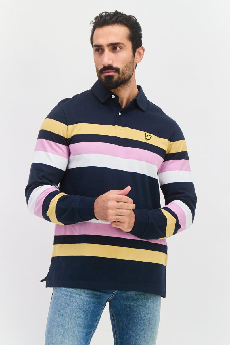 Lyle & Scott قميص بولو بأكمام طويلة عادية للرجال، تصميم مخطط، لون كحلي داكن - Image 1