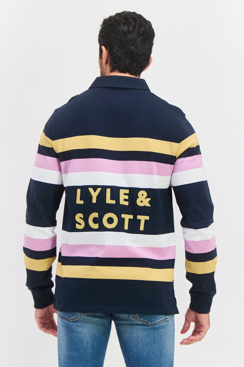 Lyle & Scott قميص بولو بأكمام طويلة عادية للرجال، تصميم مخطط، لون كحلي داكن - Image 3