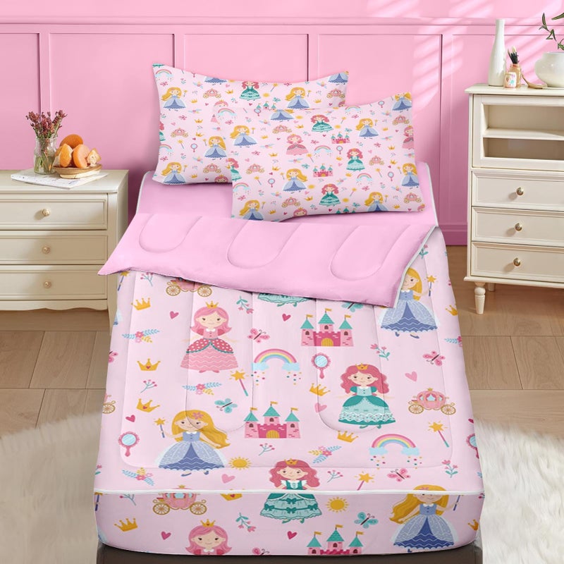 Nesker Twin Zipper Bedding, Magical Princess Zipper Bedding Sets for Girls, 3pcs All in on one, Cartoon Fairy Tales Castle Kids Comforter Set with Fitted Sheet and 2 Pillowcases - Image 1