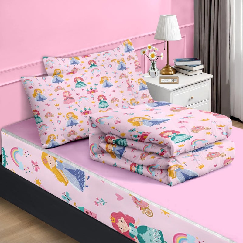Nesker Twin Zipper Bedding, Magical Princess Zipper Bedding Sets for Girls, 3pcs All in on one, Cartoon Fairy Tales Castle Kids Comforter Set with Fitted Sheet and 2 Pillowcases - Image 2