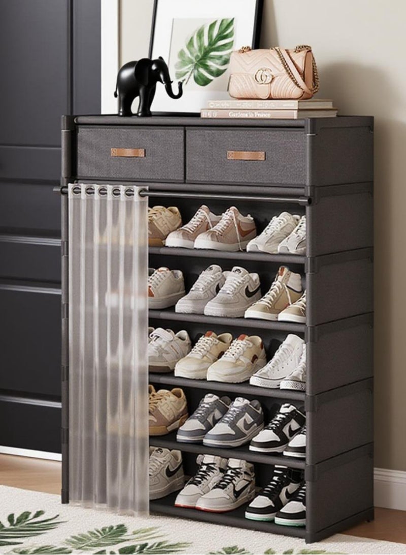 والالا رف أحذية بسيط بخمس طبقات مع درجين للتخزين وخزانة أحذية مع ستارة غبار لباب المدخل الضيق الصغير - Image 1