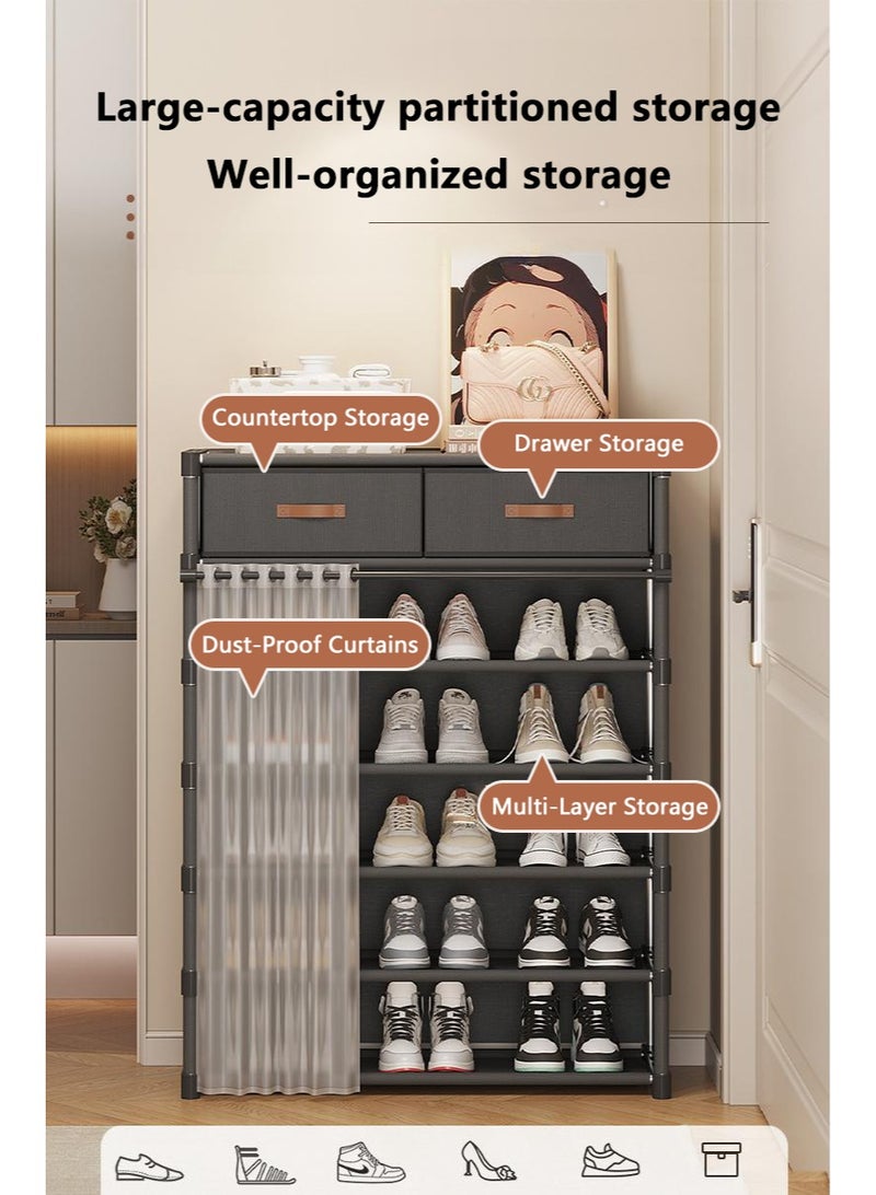 والالا رف أحذية بسيط بخمس طبقات مع درجين للتخزين وخزانة أحذية مع ستارة غبار لباب المدخل الضيق الصغير - Image 4