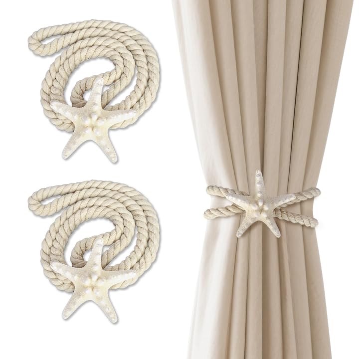 Xinally 2 Pcs Natural Starfish Curtain Tiebacks, Handmade Woven Rope Curtain Curtain Ties Blinds Accessories for Outdoor, Home, Office,Hotel, Living Room Curtain Decoration (Breadfish Starfish) - Image 1