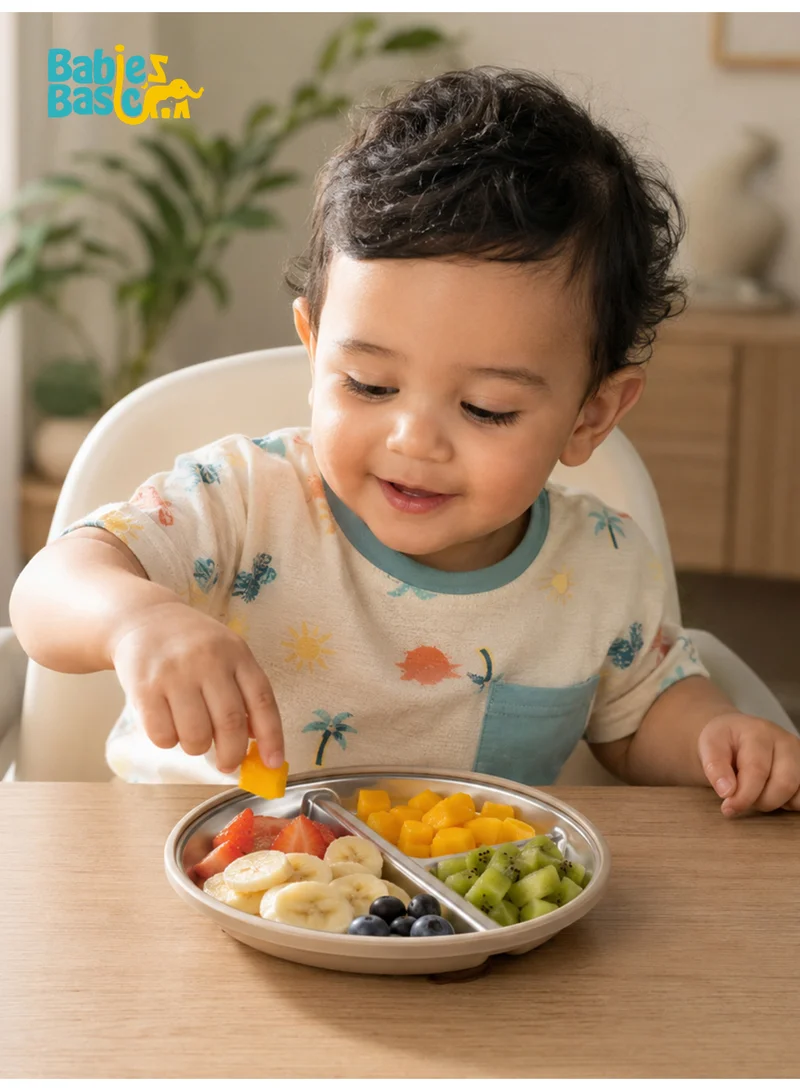 Babies Basic Babies Basic Stainless Steel plate with suction for Kids, Beige