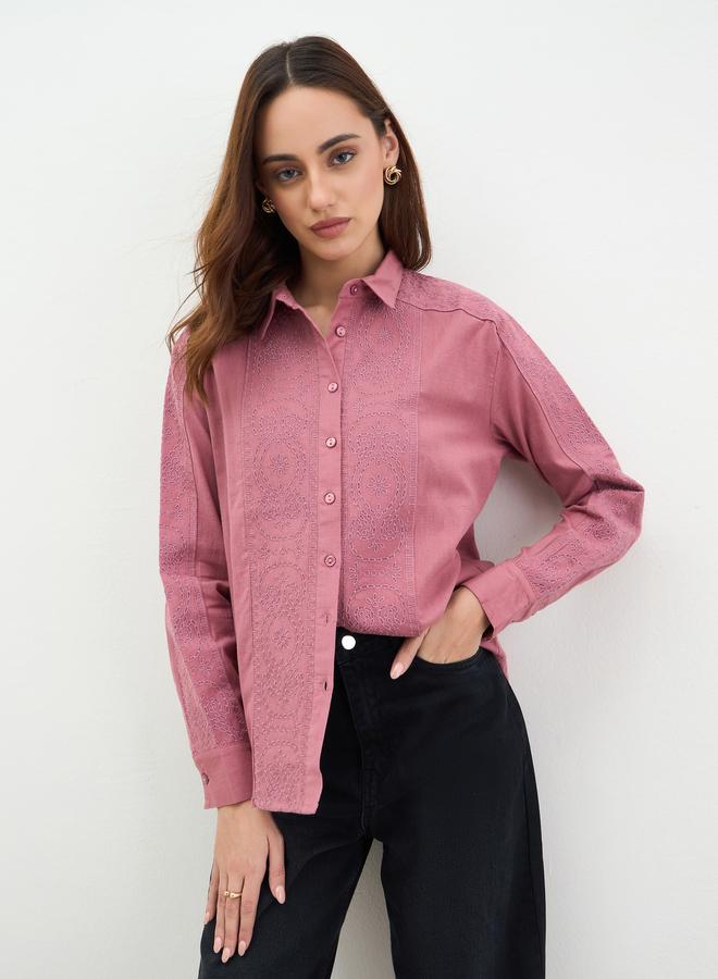 Styli Blush Pink Embroidered Long Sleeve Shirt - Image 1