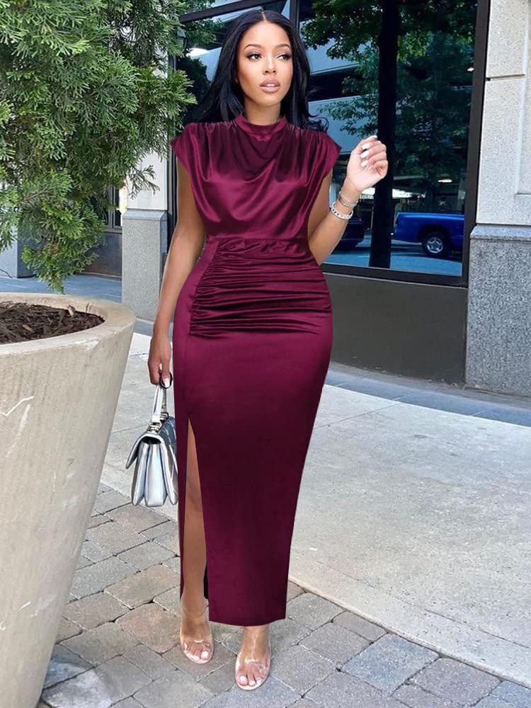 AOMEI Women's Sleeveless Pleated High Waist Ruched Slit Slim Elegant Long Satin Dress (Wine,M) - Image 2