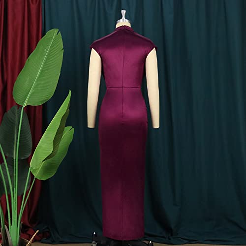 AOMEI Women's Sleeveless Pleated High Waist Ruched Slit Slim Elegant Long Satin Dress (Wine,M) - Image 5