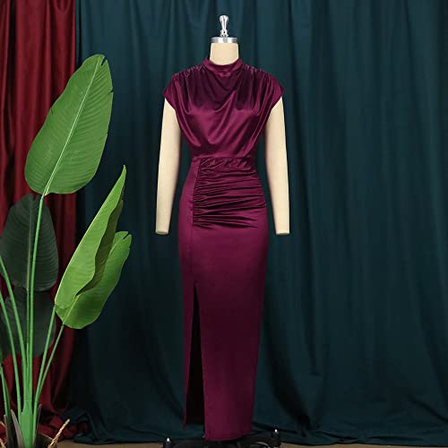 AOMEI Women's Sleeveless Pleated High Waist Ruched Slit Slim Elegant Long Satin Dress (Wine,M) - Image 3