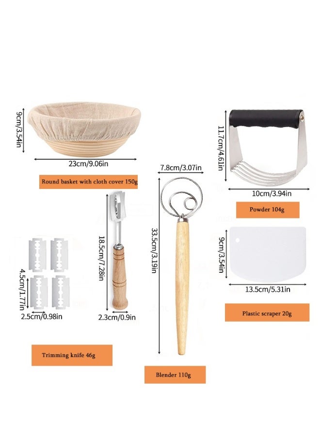 Bread baking kit baking tools 12-piece set, Bread Proofing Basket Set，dough scraper, cloth cover, cutting knife, trimming knife, short-handled double-eye mixer, natural round bread fermentation bask - Image 2