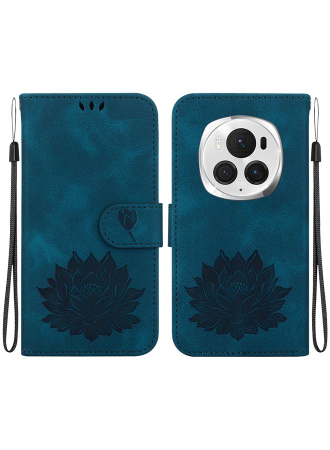 erorex For Honor Magic6 Pro Lotus Embossed Leather Phone Case(Dark Blue) 