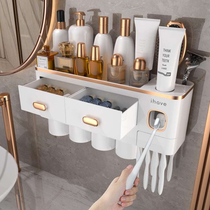 iHave Toothbrush Holders Wall Mounted with Toothpaste Dispenser & 4 Cups - Premium White and Gold Design for Bathroom Decor, All-in-One Bathroom Organizers & Storage for Toothbrushes and Accessories - Image 1