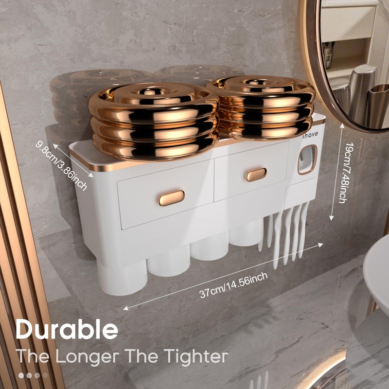 iHave Toothbrush Holders Wall Mounted with Toothpaste Dispenser & 4 Cups - Premium White and Gold Design for Bathroom Decor, All-in-One Bathroom Organizers & Storage for Toothbrushes and Accessories - Image 5
