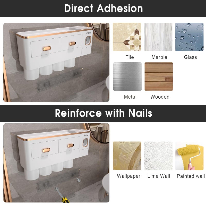 iHave Toothbrush Holders Wall Mounted with Toothpaste Dispenser & 4 Cups - Premium White and Gold Design for Bathroom Decor, All-in-One Bathroom Organizers & Storage for Toothbrushes and Accessories - Image 4