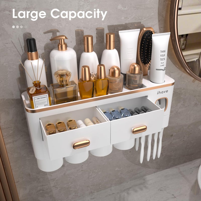 iHave Toothbrush Holders Wall Mounted with Toothpaste Dispenser & 4 Cups - Premium White and Gold Design for Bathroom Decor, All-in-One Bathroom Organizers & Storage for Toothbrushes and Accessories - Image 2