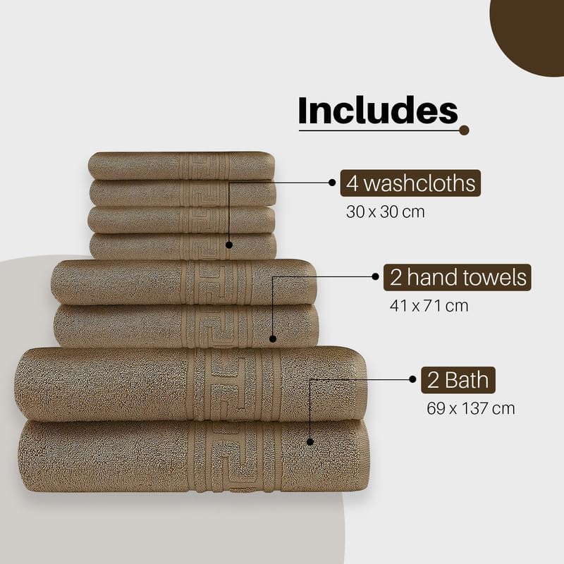 DTEX HOMES 8 Piece Towel Set 100% Egyptian Cotton 600 GSM, 2 Bath Towels, 2 Hand Towels, 4 Washcloths - Brown - Image 3