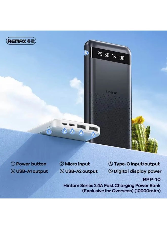 ريماكس باور بانك RPP-10 سلسلة هينتوم، 10000 مللي أمبير/ساعة، باور بانك مع شحن سريع 2.4 أمبير، شاشة عرض LED للطاقة، مدخل مزدوج ومخرج ثلاثي، تصميم خفيف الوزن وصغير الحجم، بطارية بوليمر عالية الجودة - أسود - Image 2