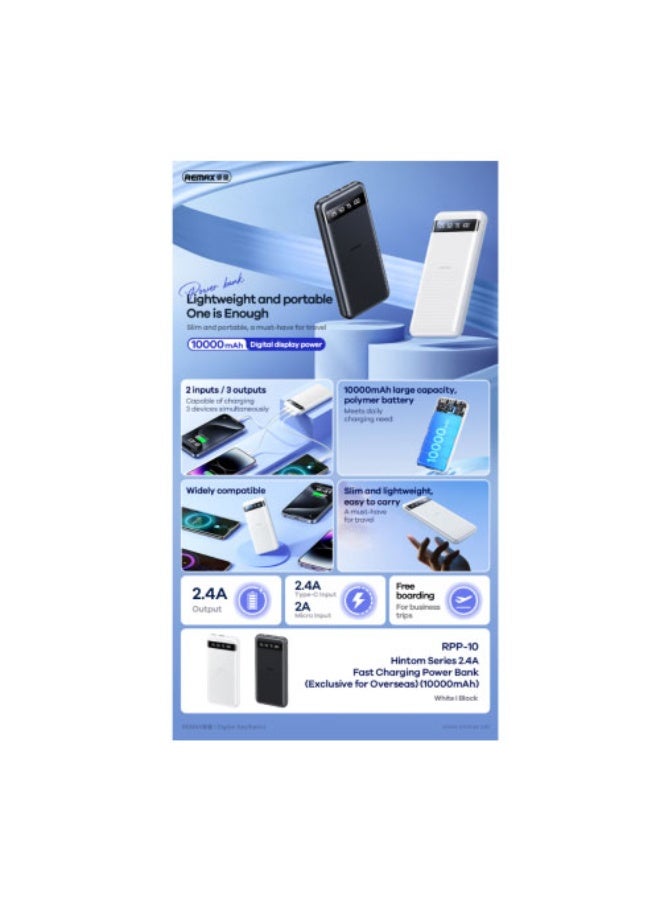 ريماكس باور بانك RPP-10 سلسلة هينتوم، 10000 مللي أمبير/ساعة، باور بانك مع شحن سريع 2.4 أمبير، شاشة عرض LED للطاقة، مدخل مزدوج ومخرج ثلاثي، تصميم خفيف الوزن وصغير الحجم، بطارية بوليمر عالية الجودة - أسود - Image 3