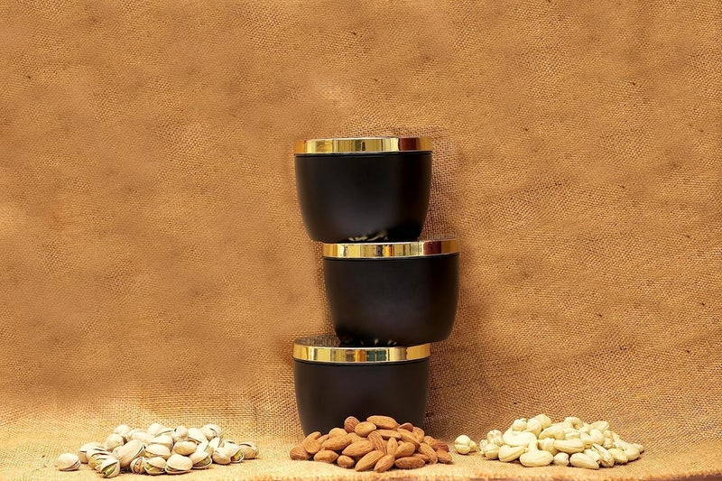 Rainbow Arts rainbowarts Mixing/Serving Round Glass Bowl with Lid, Dry Fruit Container Set, 3 Pieces, Black and Gold, Air-Tight, BPA-Free  - Image 3