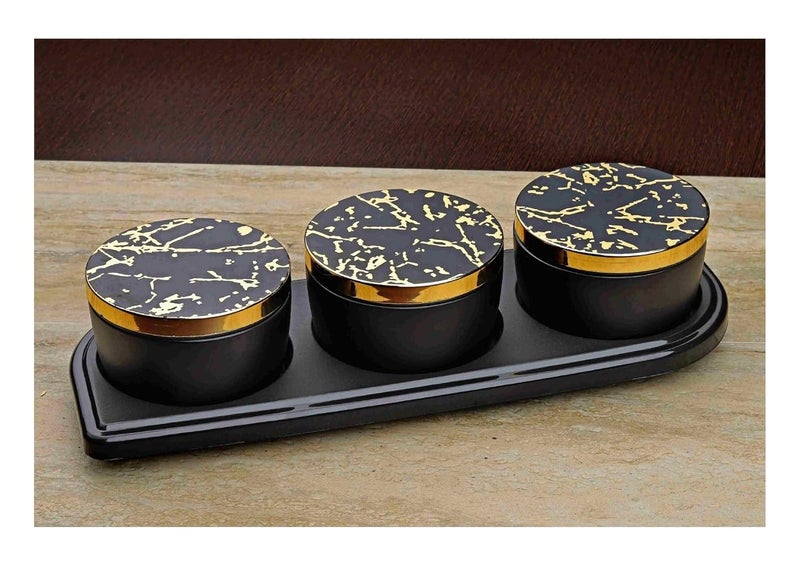 Rainbow Arts rainbowarts Mixing/Serving Round Glass Bowl with Lid, Dry Fruit Container Set, 3 Pieces, Black and Gold, Air-Tight, BPA-Free  - Image 1