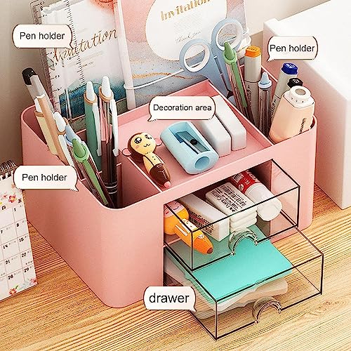 HOME CUBE Plastic Desk Organizer With Drawer Desktop Office Stationery Storage Box Desk Accessories Mobile Holder Table Organiser Study Table Office Table Desk Organizer (Pink) - Image 3