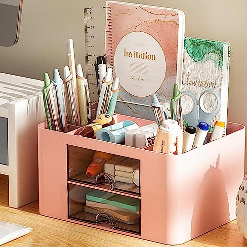 HOME CUBE Plastic Desk Organizer With Drawer Desktop Office Stationery Storage Box Desk Accessories Mobile Holder Table Organiser Study Table Office Table Desk Organizer (Pink) - Image 5